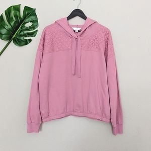 Lauren Conrad pink crochet lace drawstring fleece hoodie sweater size L